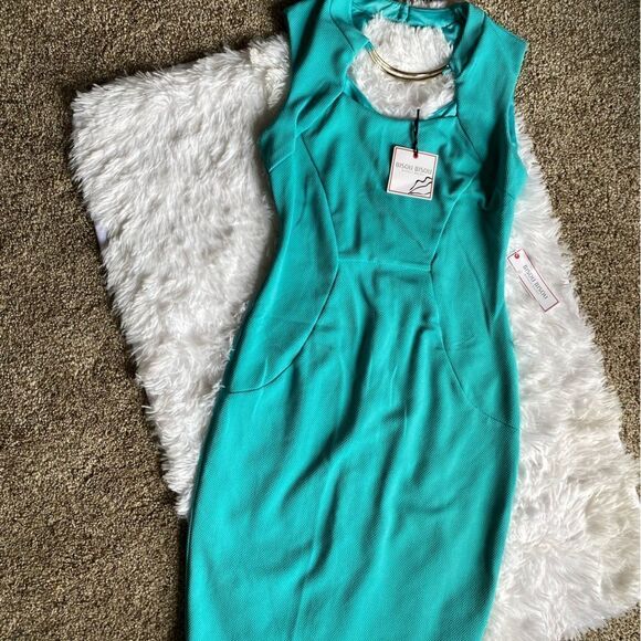 BISOU BISOU Dress Aqua Gold Hardware Midi Bodycon Fitting NEW Women’s Size 6 - Picture 1 of 11
